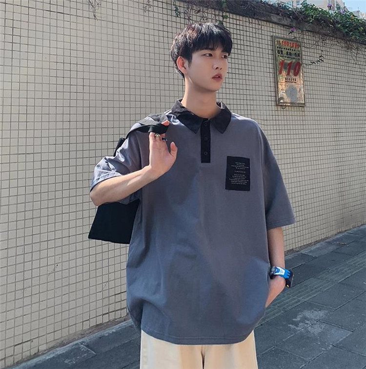 shop New 夏日 メンズ 服 新品 T Shirt 学院風 原宿系 ハンサム 折り襟 カジュアル Tシャツ 通気性 涼しい 快適 ゆったり シンプル トップス