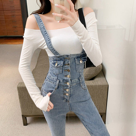 韓国バージョンのハイウエストスキニーブレストデニムオーバーオールの23の女性用伸縮性のあるスリムフィ新流行 新流行