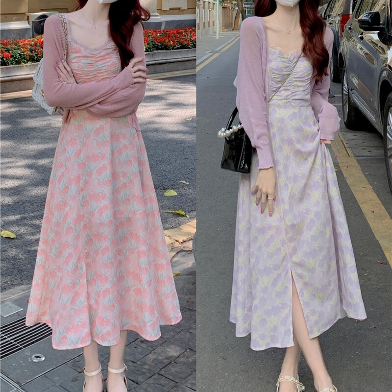 セットアップ レディース 2色 カーディガン 韓国 キャミソールワンピース ミモレ丈 ノースリーブ 長袖 Vネック フレア 細身 Xライン レース ウエストマーク かわいい 大人可愛い カジュアル