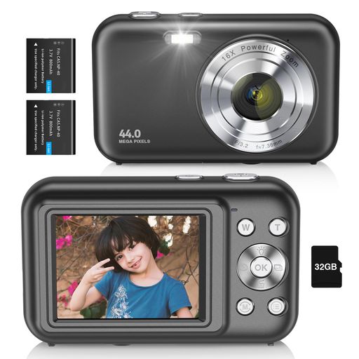 デジタルカメラ デジカメ 4400万画素 録画可能 手ブレ補正 16倍ズーム 32Gメモリカード 超軽量コンパクト コンパクト ウェブカメラ 32GBマイクロSDカード付き リチウムイオン電池 2 個