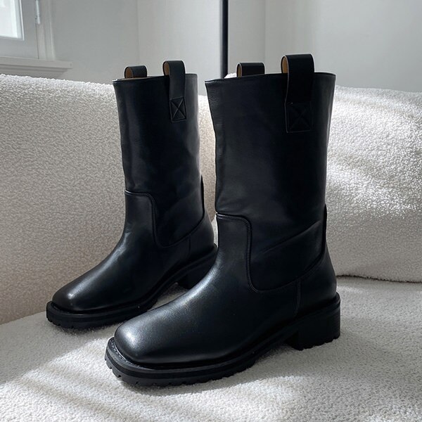 ミドルブーツ ワークブーツ スクエアトゥ トラックソール 厚底 レディース 黒 靴 婦人靴 韓国 8,455円