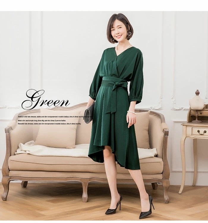 ドレス パーティードレス 結婚式 ワンピース ドレス 二次会 お呼ばれ 服 袖付き20代30代40代 大人 レディース カシュクールワンピース リボンバルト 七分袖 入学式 卒業式