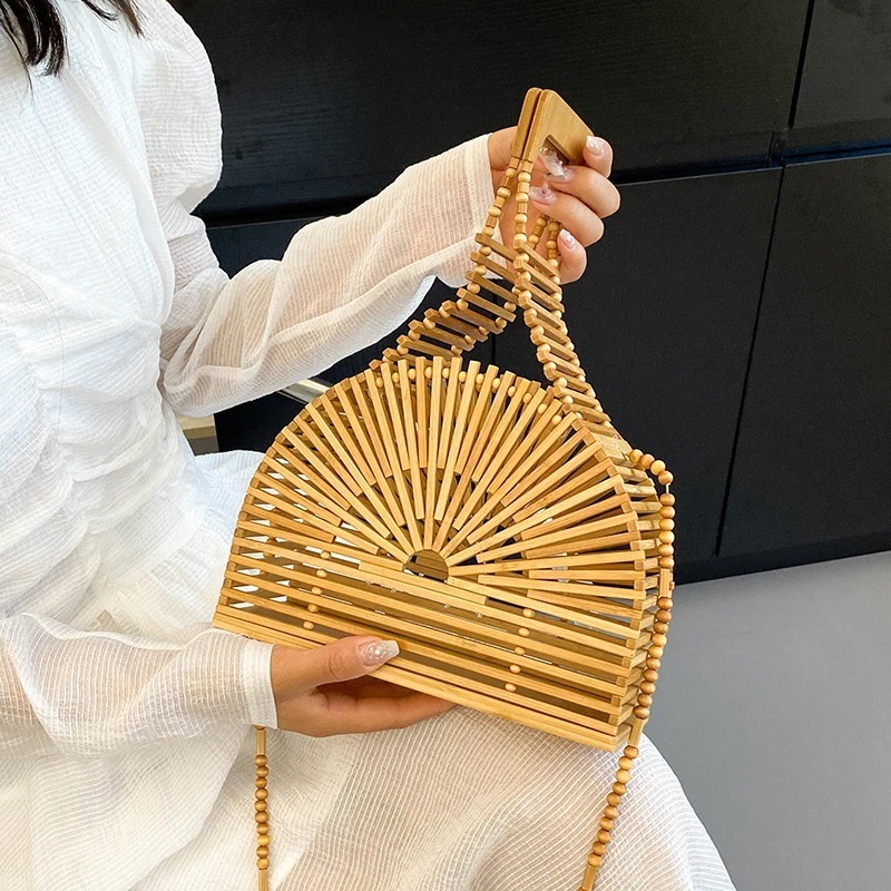 Ins風レトロ竹編みバッグ森系乙女ファッション透かし片肩包ins斜め掛けビーチバッグ2Wayバック