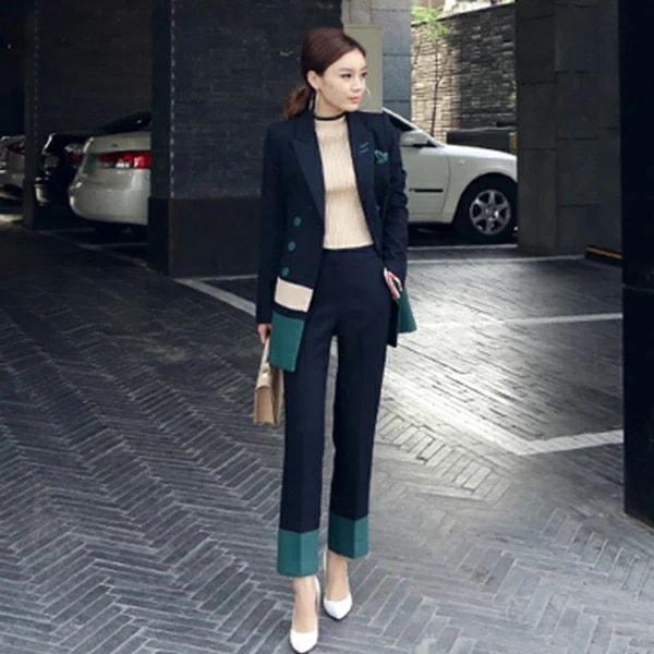 【急速出荷 2025年新作】セットアップ ジャケット テーラード パンツ 九分丈 細身 ダブル 大人　可愛い　 OL 秋冬 かっこいい オフィス 通勤 レディース ネイビー S M L XL