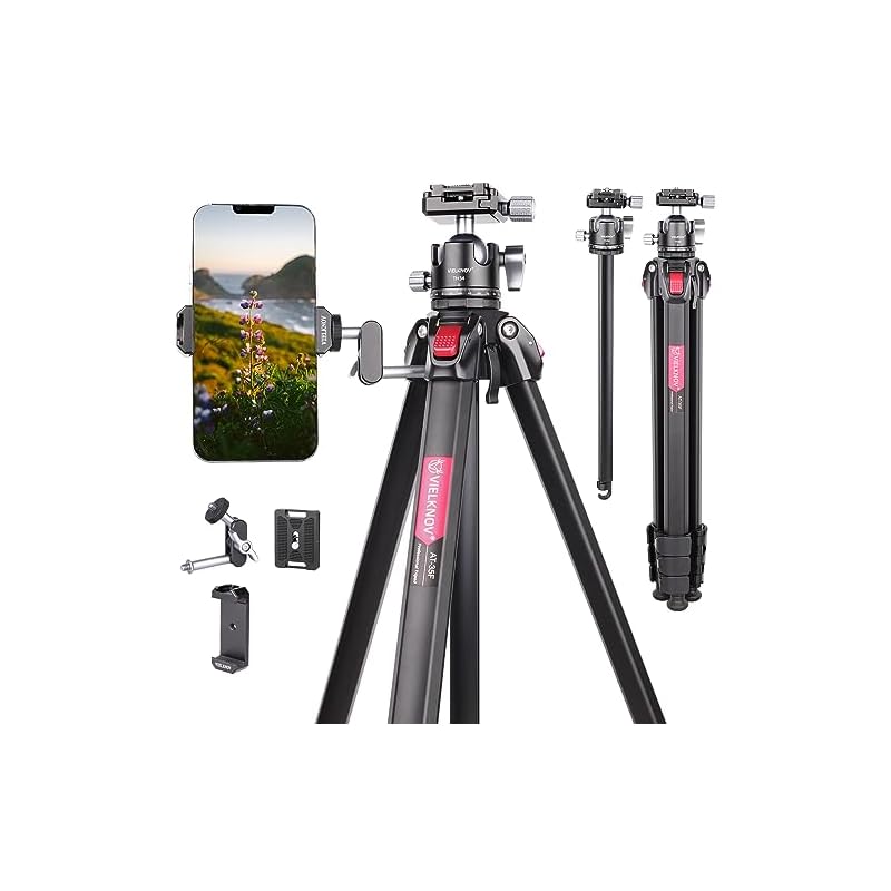 VIELKNOV コンパクトカメラ三脚 低重心ボール雲台付き アルミ合金製 軽量小型 トラベル 4段 レバー式ロック 三脚 マジックアーム スマホ クリップ付属 バッグ付属 持ち運び便利 DSLR/ビ