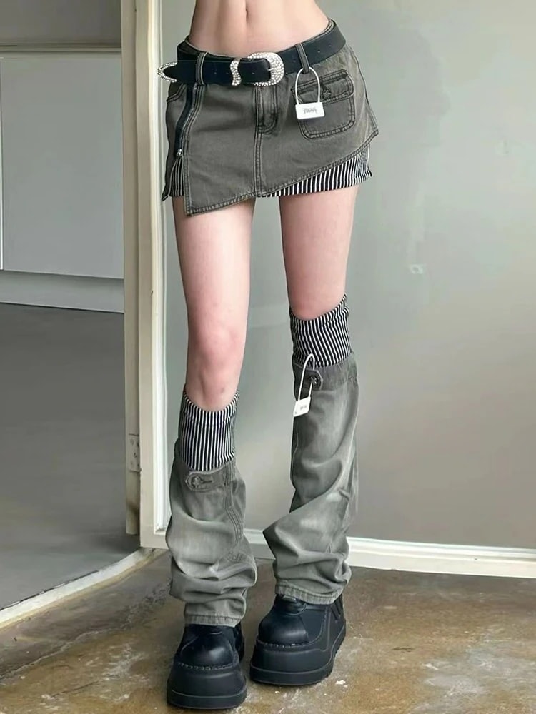 2025春夏 デニムスカート 2点セット ショート丈ボトムスハイウエストジーンズ K-PPストリート系韓国風ファッション練習ジーンズシルエットゆったりレッグレディースカジュアルジーパン衣装