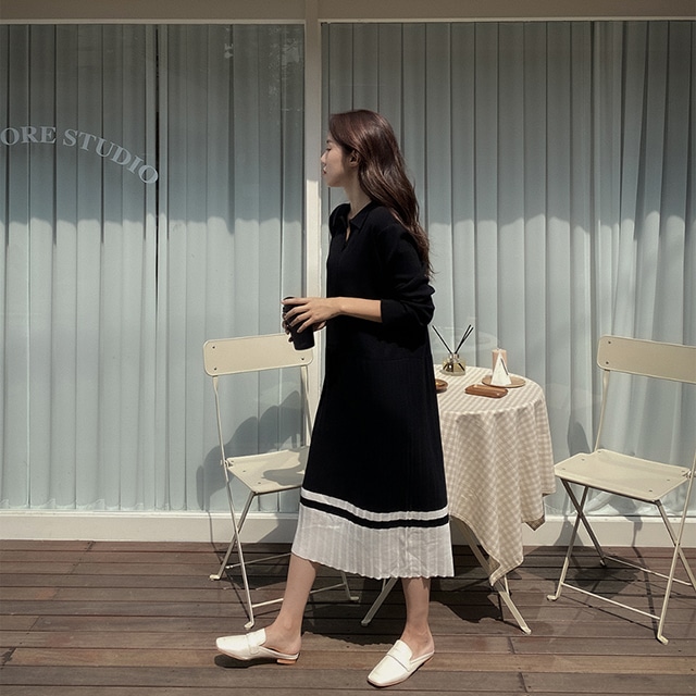 こなれ感 ゆったりIラインシルエット 襟付き バイカラーワンピース