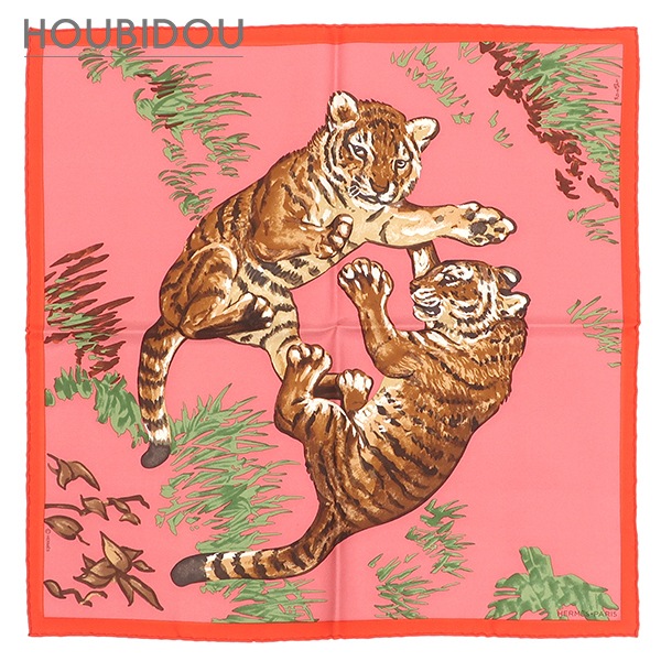 エルメス スカーフ カレ45 ガヴロッシュ シルク ピンク×マルチカラー 【Les Tigreaux/レ ティグロー】 【中古】