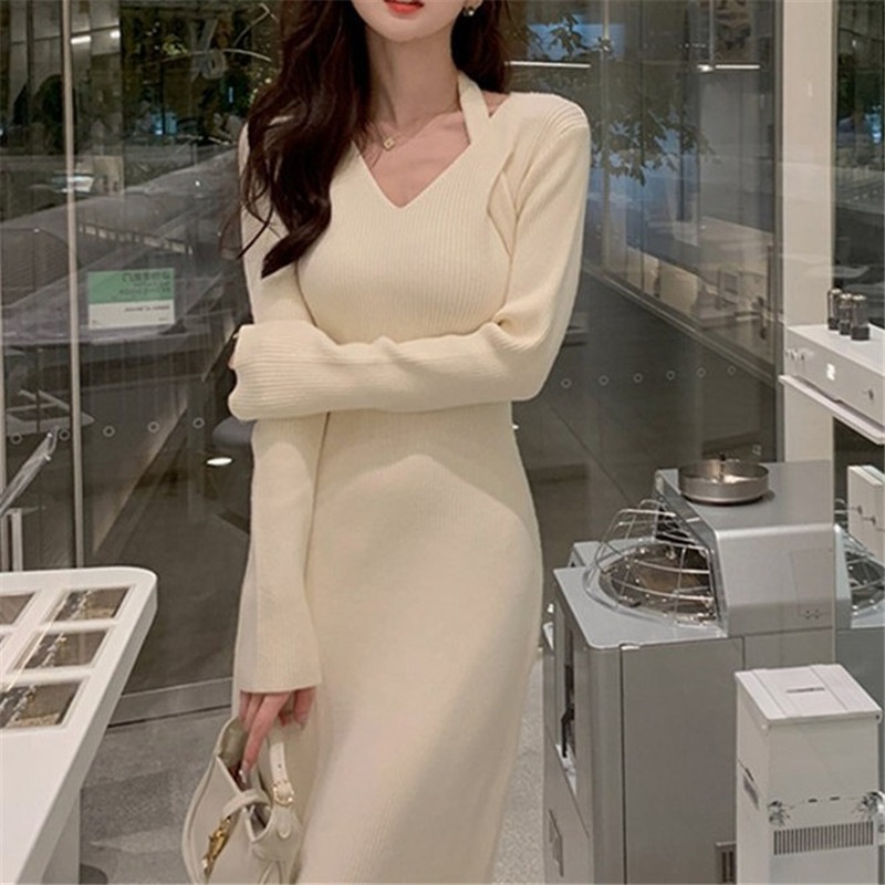 【1つ買うと10つ無料】ぶら下がっている首のスリムニットドレス2025秋と冬のセータースカートがコートに長くボトムスカート