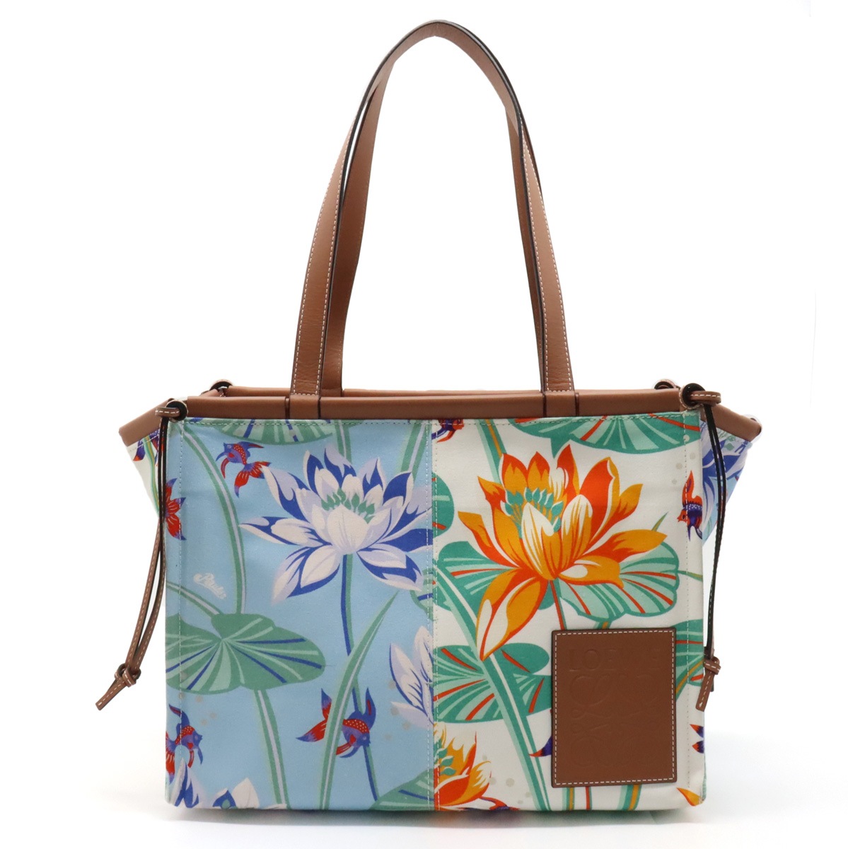 クッショントート ラージ トートバッグ ショルダーバッグ パウラズイビザ スイレン 花柄 キャンバス レザー ライトブルー ホワイト