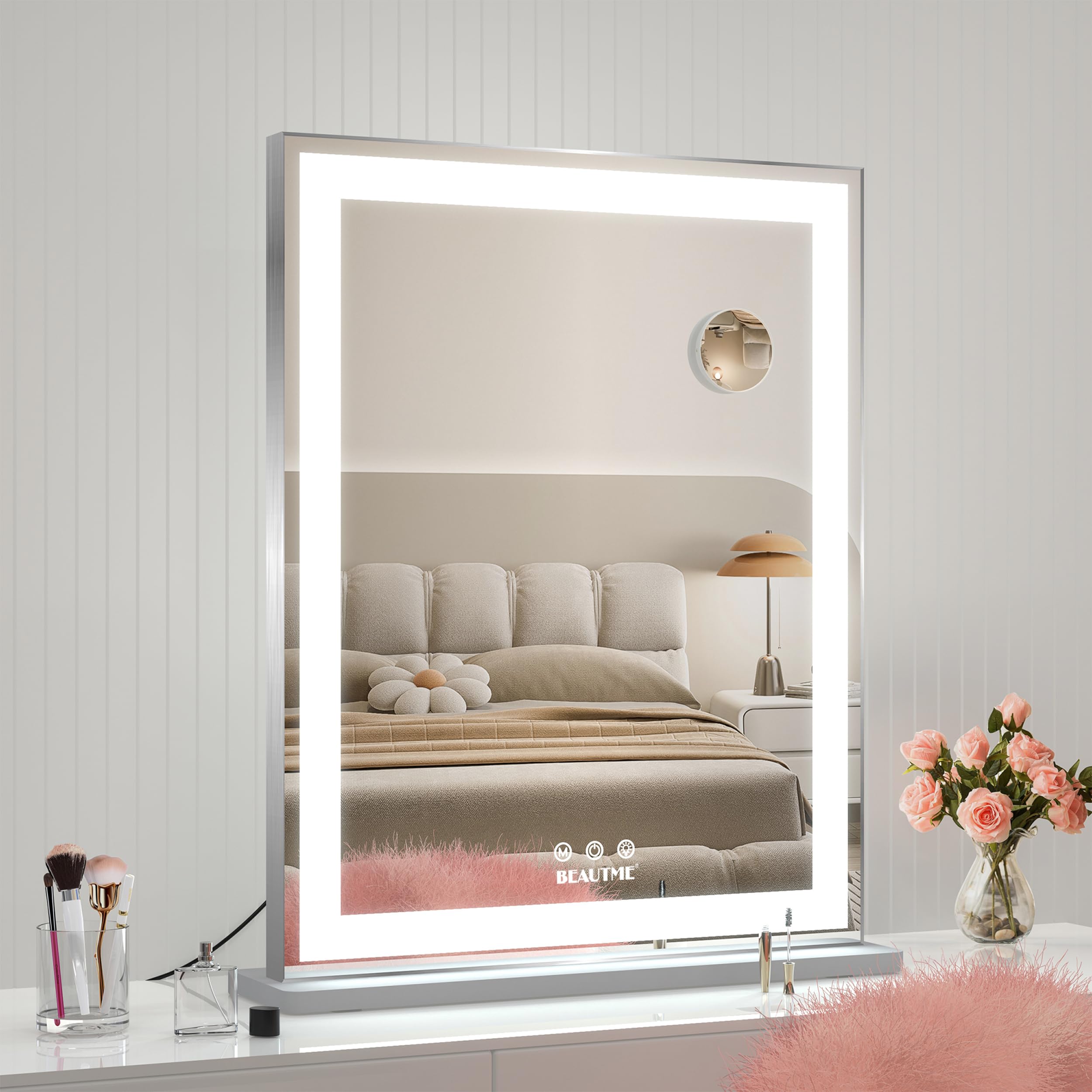 BEAUTME 女優ミラー 化粧鏡 ハリウッドミラー 壁掛け/卓上両用 三色照明モード 無段階調光 白 (600×507×150mm)