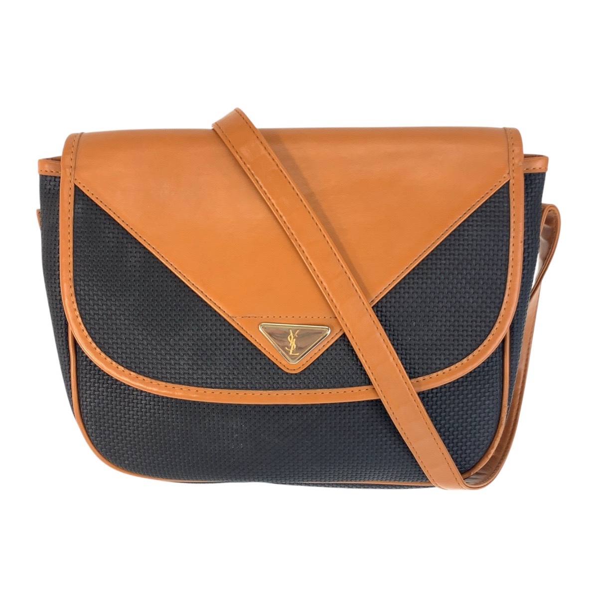 ヴィンテージ YSL ブラウン ネイビー ゴールド金具 PVC/レザー 斜め掛け ショルダーバッグ レディース 410781