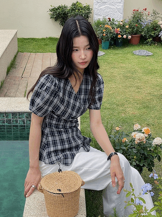 グリッドチェックパフ袖半袖ラップブラウス