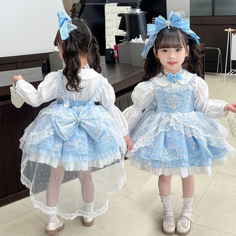 女の子ファッションフォーマルセットドレス女の子ロリータプリンセスドレスエルザトレイルドレスシャツメッシュドレスショー