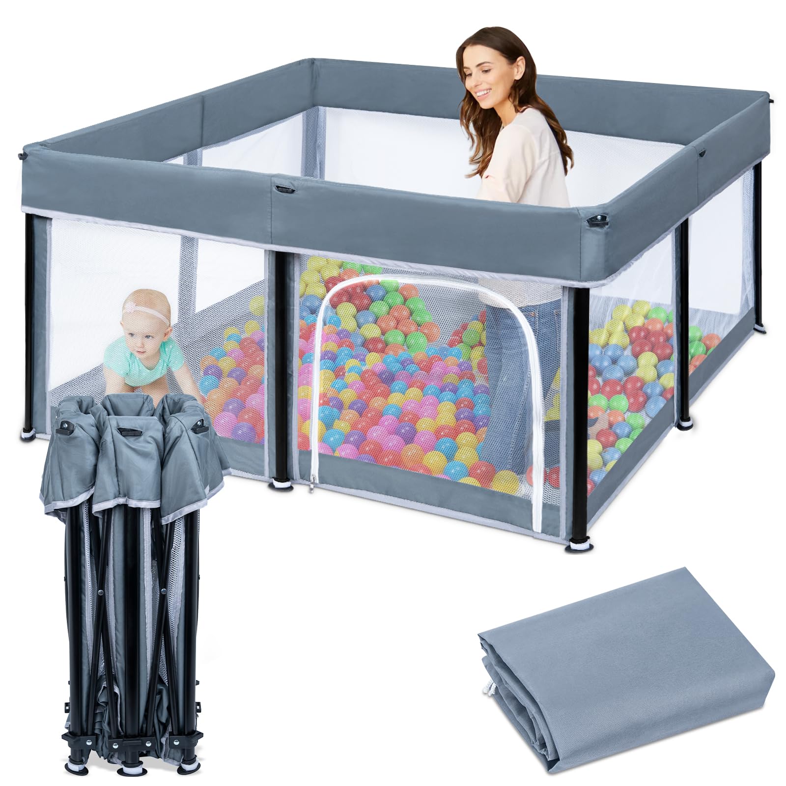 BQKOZFIN ベビーサークル 127x127x65cm 正方形 コンパクト 折りたたみ可能 扉付き 大型 baby playpen プレイヤード 滑り止め吸盤 メッシュタイプ 洗濯可能 子供ペッ
