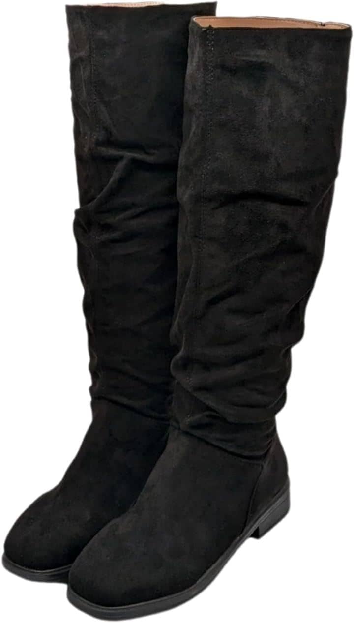 くしゅくしゅブーツ レディース スエード ロング ローヒール インソール付き( ブラック, 24.5 cm)