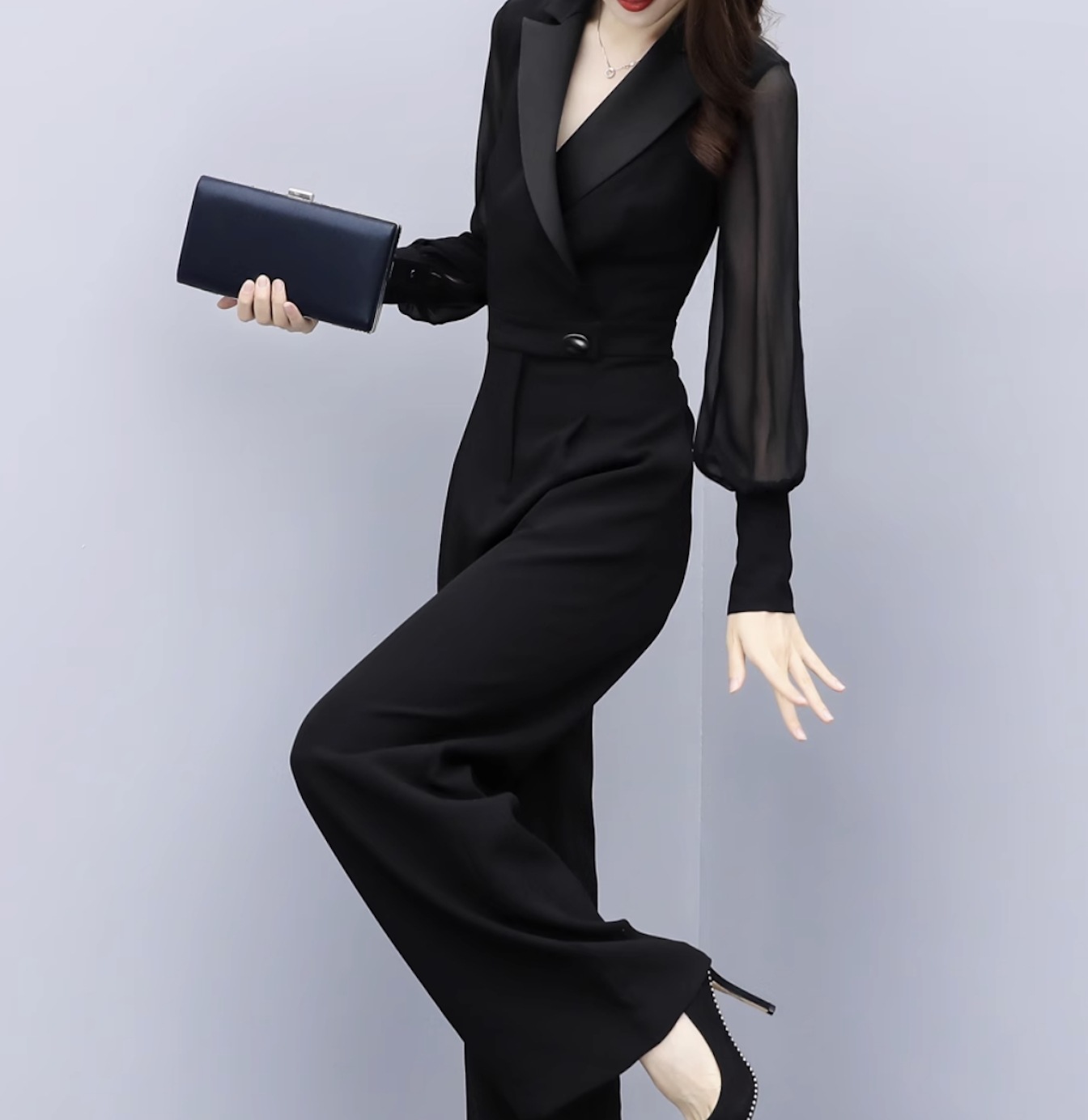 パンツスーツ　透け オールインワンスーツ パンツスーツ レディース ワイドパンツ ハイウエスト 長袖 Vネック 襟付き シフォン ベルト ウエストマーク シアー 透け感  シースルー 切り替えデザイン きれいめ シンプル オールインワン