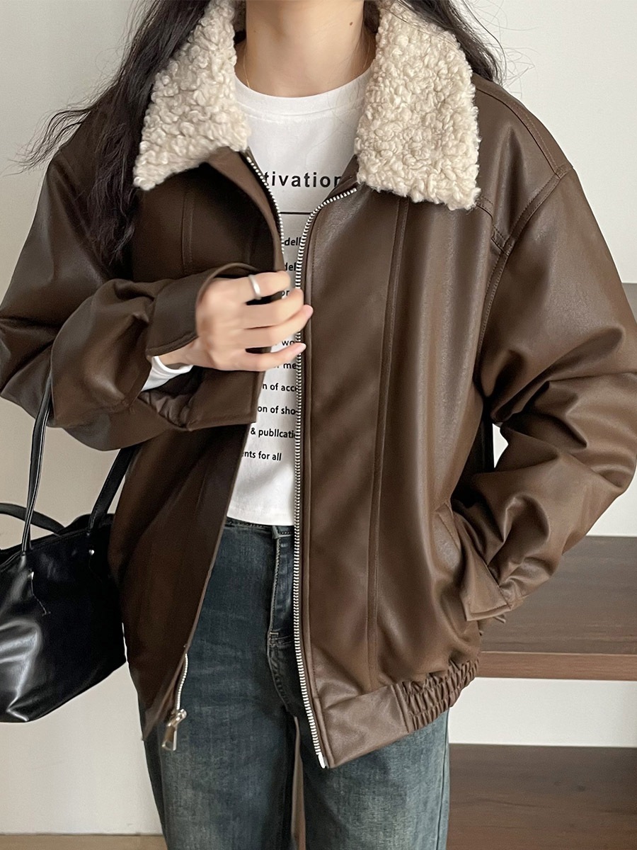 毛襟pu皮コート冬服新商品ゆるい痩せレトロ甘いクールコットンレザージャケット230847 4,942円