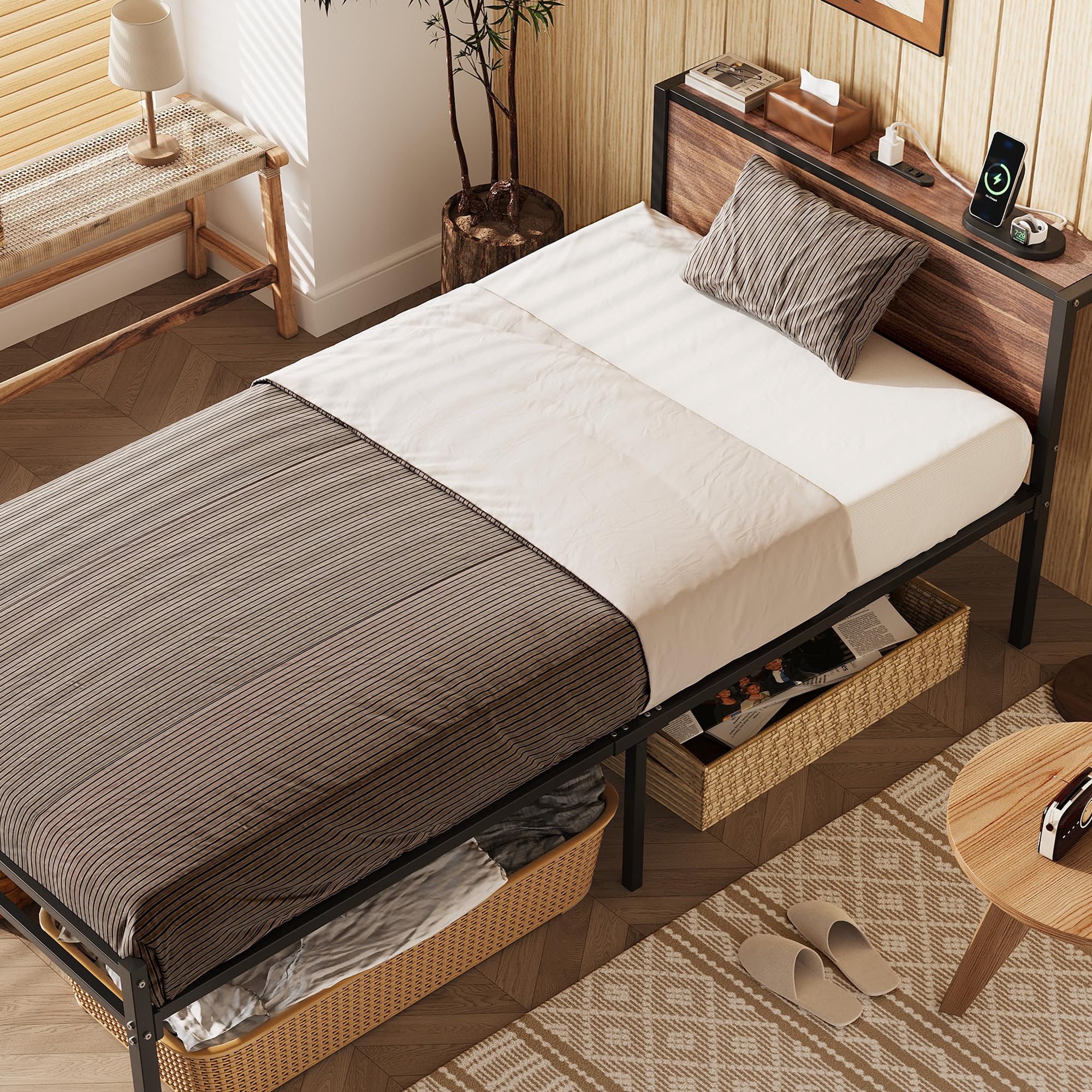 ベッドフレーム 宮棚付き 2口コンセント すのこベッド セミダブル スチールベッド 収納付き ベッド下収納 カビ防止 耐荷重250kg ハイタイプ ベッドフレーム単品 ウォールナット×ブラック