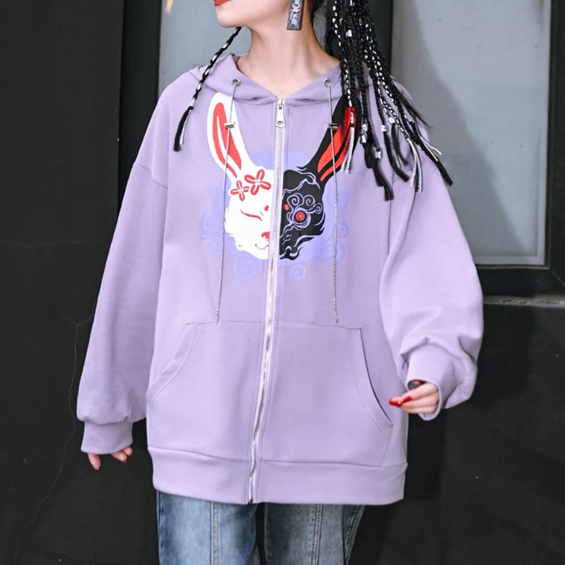 ジップアップパーカー レディース フード付きパーカー 卯兎プリント アウター カーディガン 紫 ゆったり