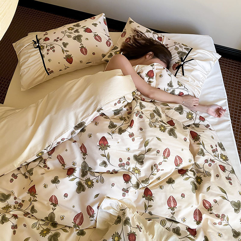 フランスのプリンセススタイル100sピュアコットン4ピースセットセットコットンプリントレトロレースレトロレースソフトフレンドリー裸の寝具