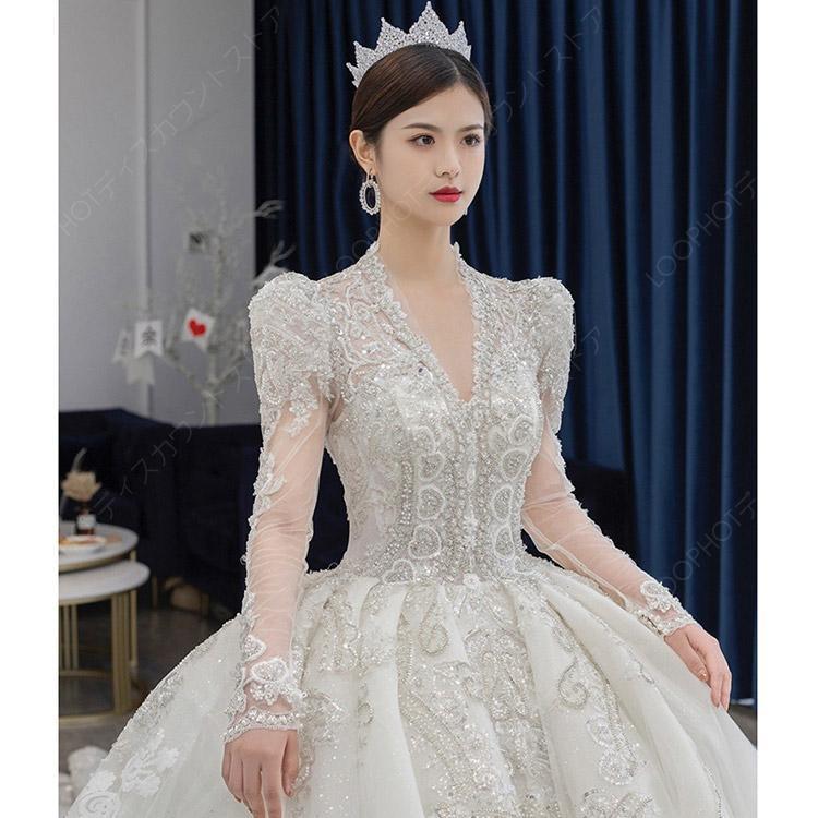 ウェディングドレス ホワイト Aラインドレス エンパイア ウエディングドレス 二次会 花嫁 編み上げタイプ 結婚式ドレス 長袖 トレーンドレス 白-41