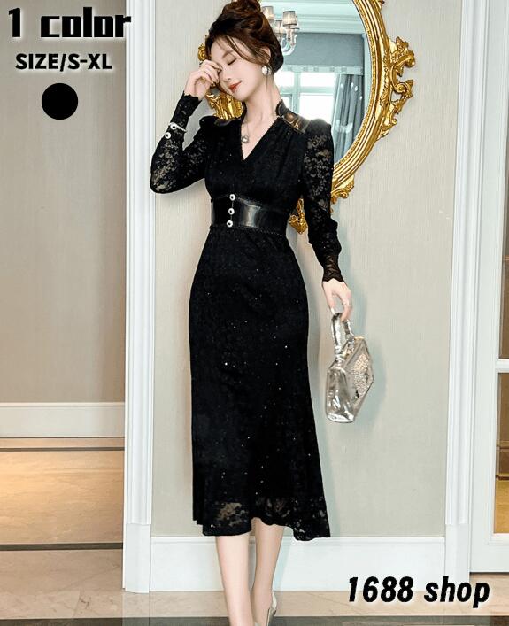 新品更新 2025 タイトワンピース 姫系ワンピース　シンプル　ワンピース インポート ひざ丈 ミドル丈 エレガント　韓国ファッション シンプル Vネック パーティドレス 長袖　お嬢様 セクシー ミニ