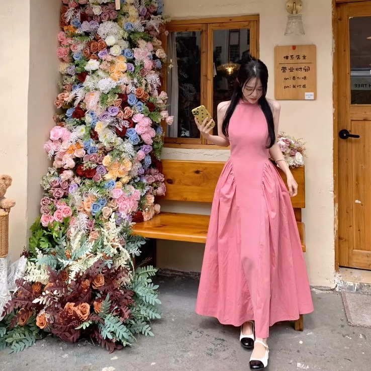 ドレス パーティードレス 二次会ドレス 披露宴ドレス Aラインドレス ワンピドレス ロング ロング丈 袖なし ノースリーブ ホルターネック 襟なし プリンセス ハイウエスト かわいい 大人可愛い