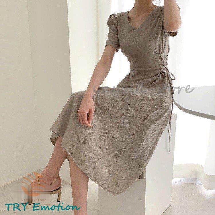 ワンピース レディース 夏 綿麻ワンピース Vネック カジュアル 着痩せ きれいめ 通勤 半袖 Aライン オシャレ ロング丈ワンピース リボン 2色