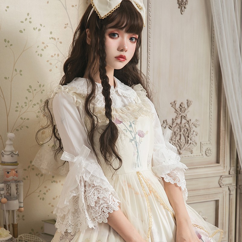 「雨上がりの薔薇」シルケットコットンレースジスリーブロリット長袖スリムベルスリーブシャツ 5,465円