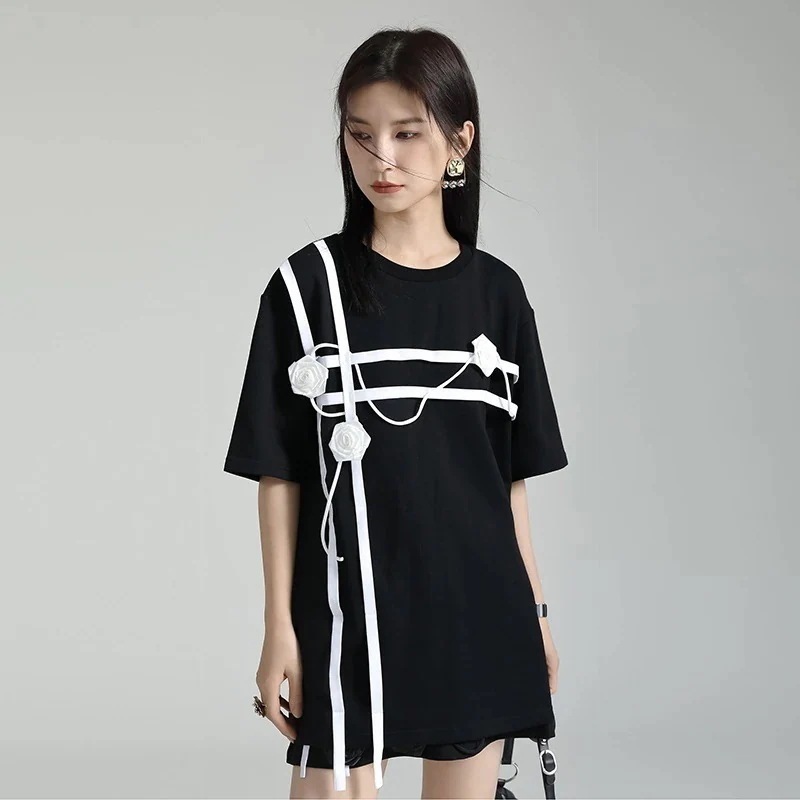 【J.Fashion】 ロングTシャツ 3D花飾り ドッキング 夏 ロングブラウス チュニック レディース おしゃれ 上質 関連商品は店で購入可能 メガ割30%までに制限