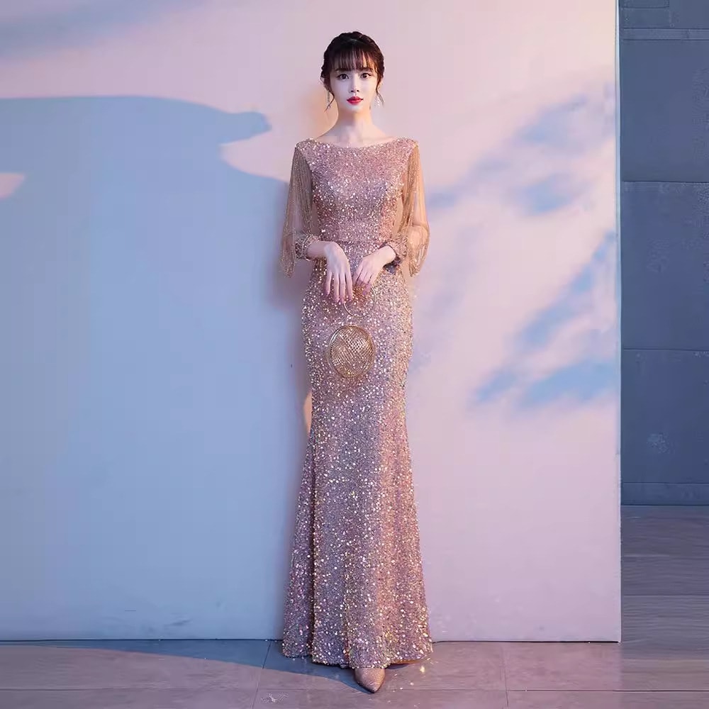 イブニングドレス2025スパンコールで腰魚尾敬酒服宴会司会者ドレスワンピース