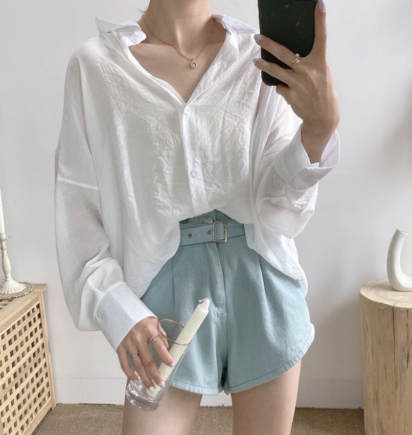 トップス デート モテアイテム シャツ ルーズ 薄手 無地 コットン 可愛い きれいめ 上品 おしゃれ かっこいい 可愛い ラブリー キュート ガーリー クール モード系 セクシー エレガント