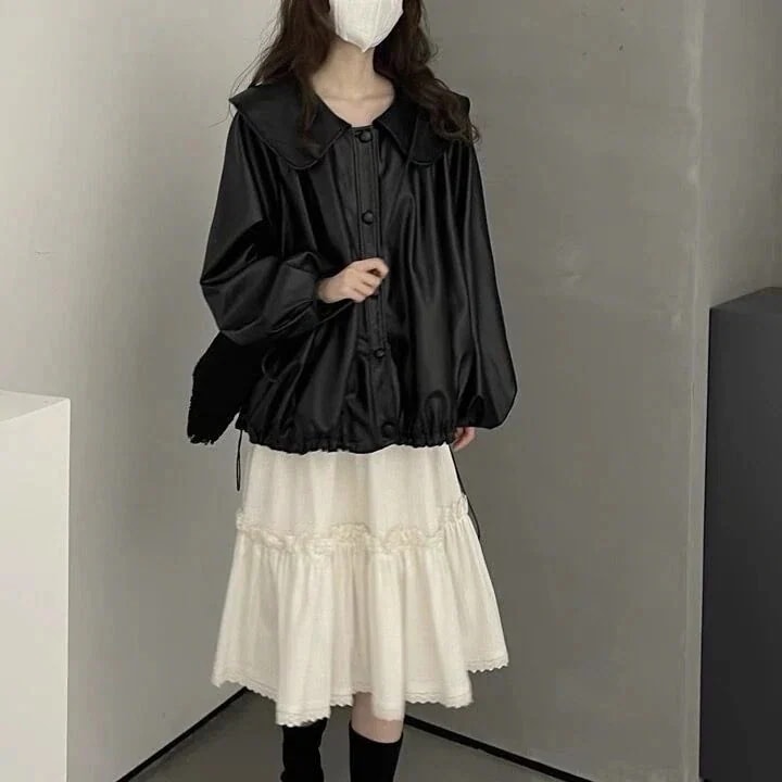 ライダース 女性 ゆったり かわいい 開襟 皮ジャンパー