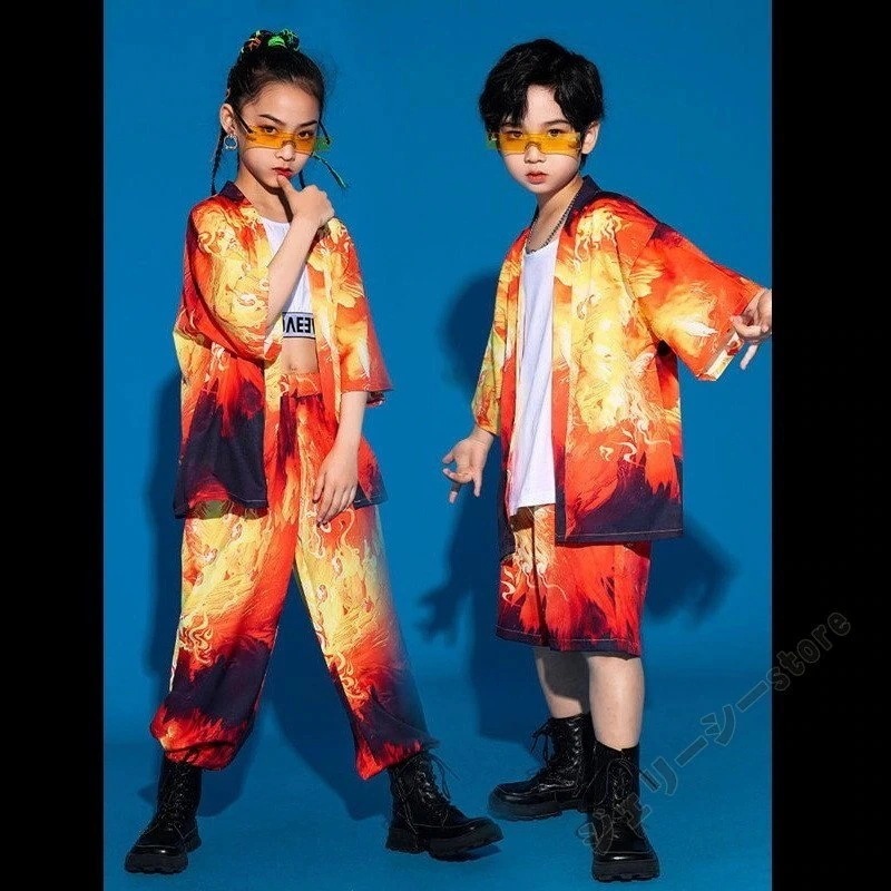 セットアップ ショートパン キッズダンス衣装 炎柄 ファイヤー柄 オレンジ 半袖 上下セット 羽織り