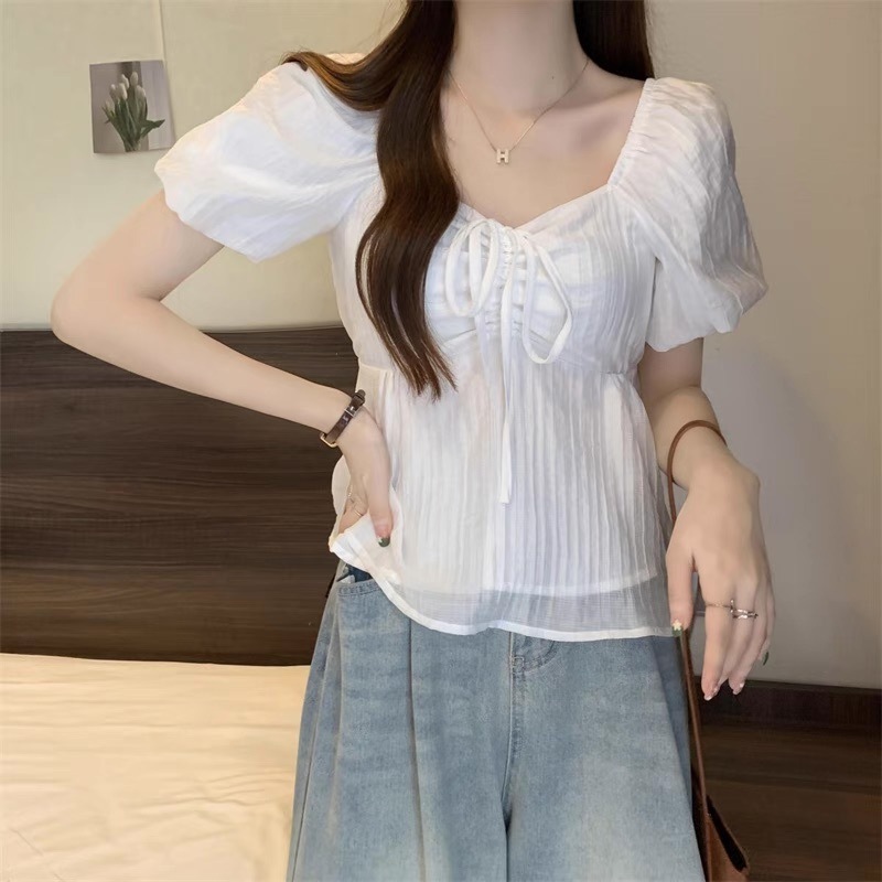 レディース シャツ ブラウス 半袖 パフスリーブ スクエアネック りぼんタイ フェミニン ハイウエスト ギャザー かわいい 大人可愛い きれいめ シンプル カジュアル おしゃれ ラブリー キュート 5,424円