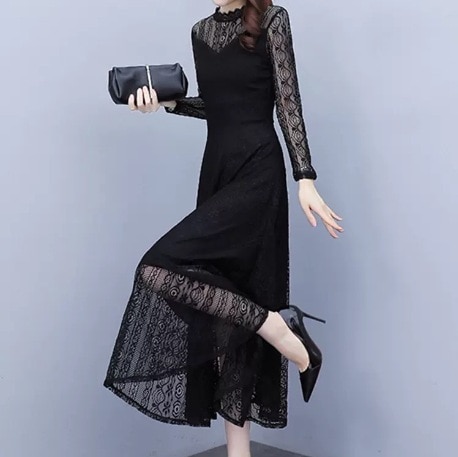 ワンピース ワンピドレス ロング丈 袖あり 長袖 ハイネック フレア デザイン 美ライン ニュアンス レース 刺繍 ロマンチック モノトーン かわいい 大人可愛い きれいめ シンプル カジュアル 大人 6,241円