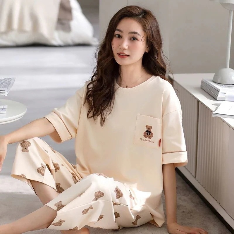今年の流行 ルームウェア 2024人気商品 春夏 半袖 7分丈パンツ セット パジャマ カートゥーン 可愛い くまちゃん 高級感 快適 軽薄 綿 カジュアル ホームウェア 二点セット 母の日