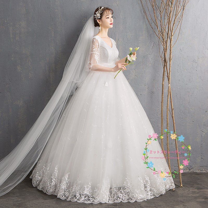 ウエディングドレス マタニティドレス エンパイア 半袖 結婚式 花嫁 ロングドレス サイズ 調節 大