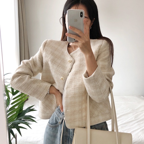 韓国ファッション ダート ベーシック ポケット ノーカラー ラウンド ツイードジャケット