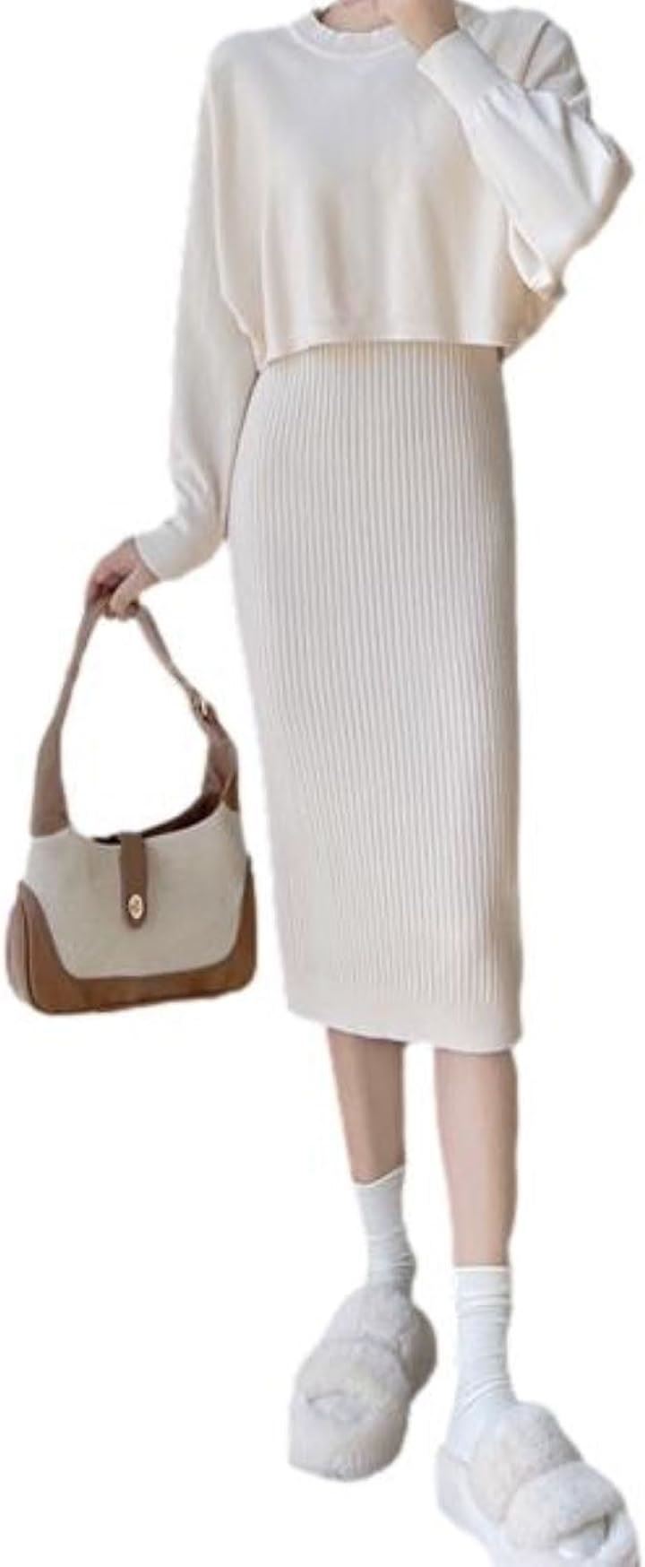 ブルーベリル ワンピース ニット セットアップ レディース 膝下丈 ニットプルオーバー ドルマンスリーブ 丸首 BB021(アイボリー, M)