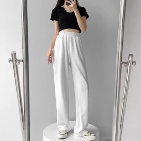 レディース パンツ ボトムス スウェット ストレート ワイド ロング ポケット ハイウエスト ウエストゴム シンプル おしゃれ ラフ ボーイッシュ スポーティー クール 無地 オルチャン 20代