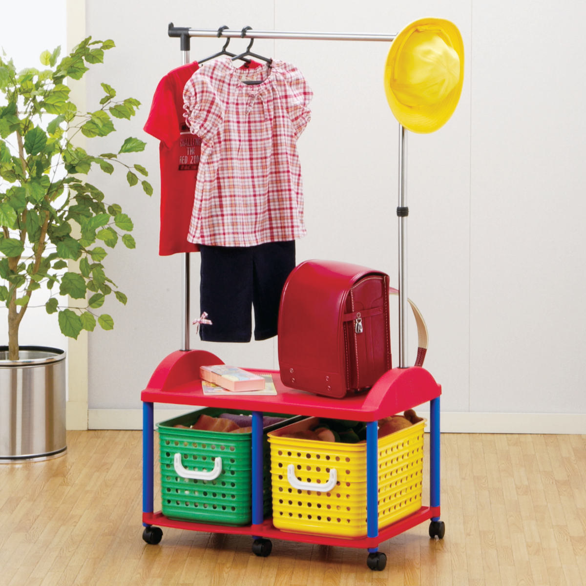 パイプハンガー キッズ収納 バスケット2個付き ランドセルラック 洋服掛け ハンガーラック おもちゃ箱 オモチャ入れ 収納 ポールハンガー ラック 衣類 引き出し キャスター付き