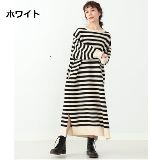 【取寄：納期2週間】ロングワンピース レディース ワンピース ニットワンピース ロング丈 ラウンドネック ボーダー カジュアル お出掛け おしゃれ ゆったり 長袖 秋冬 ゆったり 体型カバー