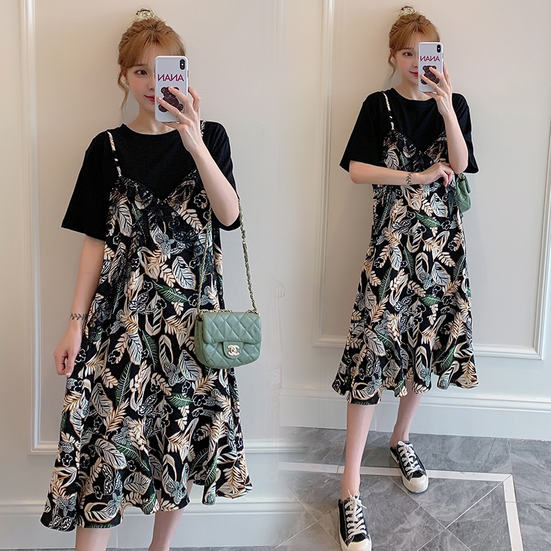 Ｔシャツワンピース フェイクツーピース ガーリー ブラック 黒 ミドル丈 袖あり 半袖