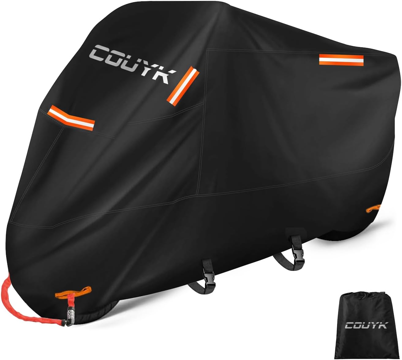 バイクカバー 厚手420D 防水 耐熱 紫外線防止 防風 防塵 防雨 防雪 反射テープ付き 盗難防止ロック穴 前後ワンタッチバッグル 裾絞りゴム 収納バッグ付き サイズXXL(245×105×125c