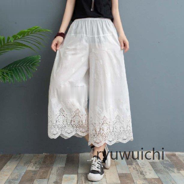【急速出荷!】レース ワイドパンツ レディース 楽ちん ウエストゴム リラックスパンツ 刺繍 透け感 コットン 綿 カジュアル ボトムス L