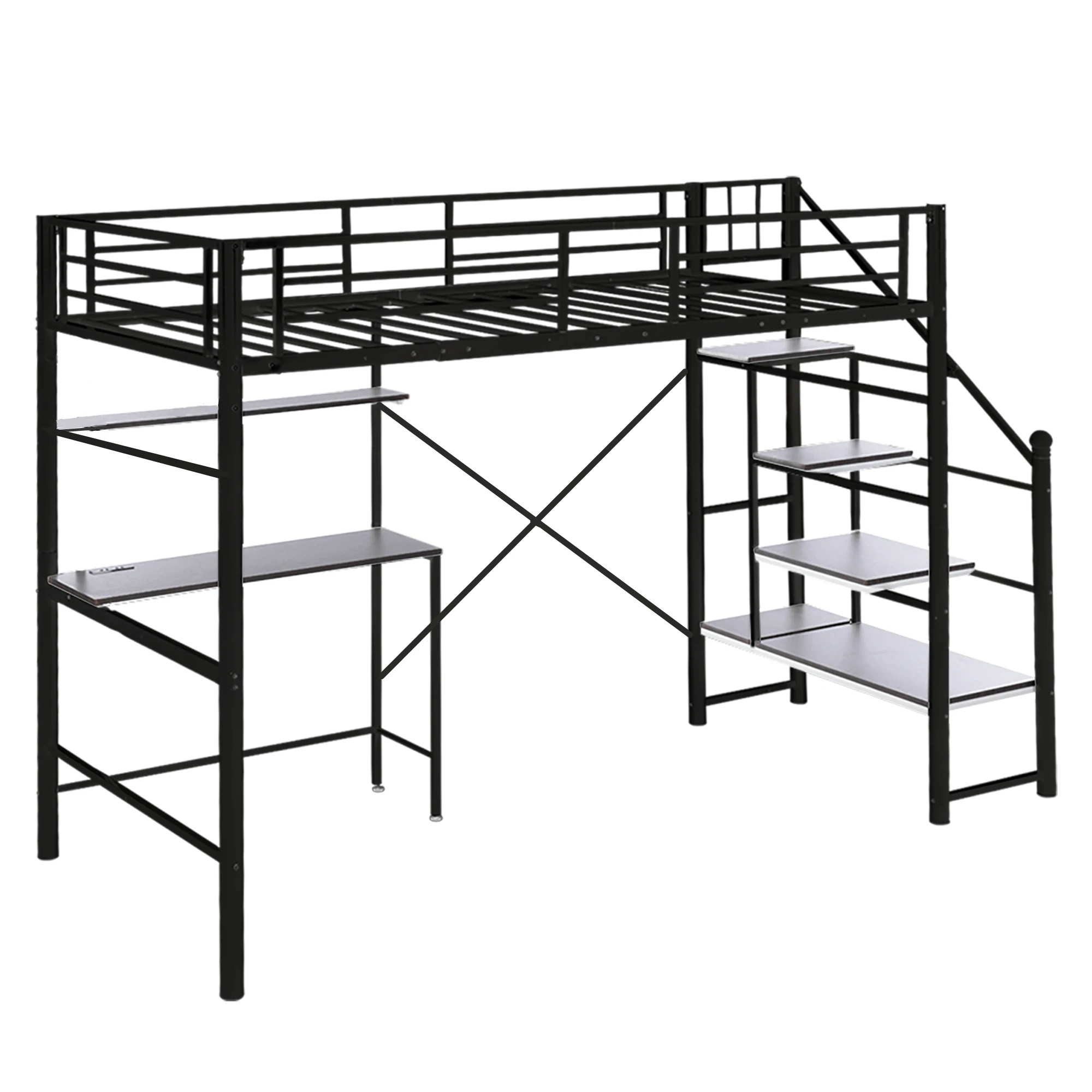 【国内発送&送·料·無·料】ロフトベッド シングル 階段付き パイプベッド デスク付き 北欧風 コンセント付き 収納 子供ベッド 耐震 ベッド パイプ 金属 昇降らくらく 高さ170cm 耐荷重150