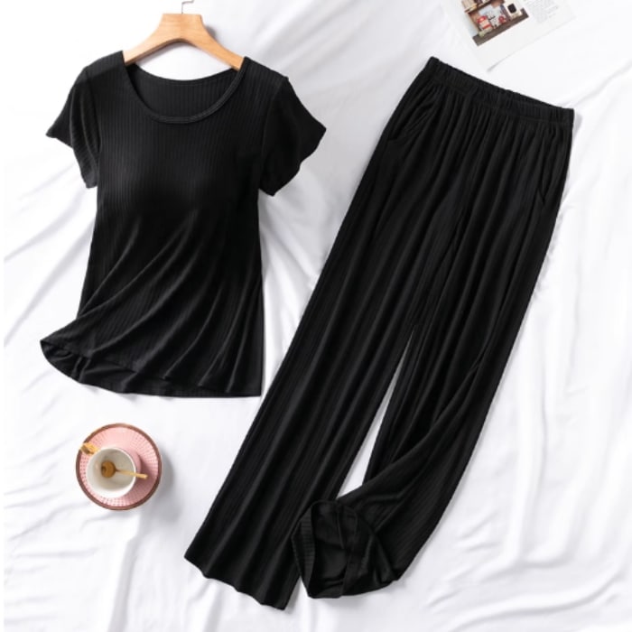 レディース トップス パンツ ボトムス ルームウェア パジャマ 部屋着 セットアップ リラックス ホームウェア ロングパンツ Tシャツ ロング 半袖 ラウンドネック スリム 細身 スマート