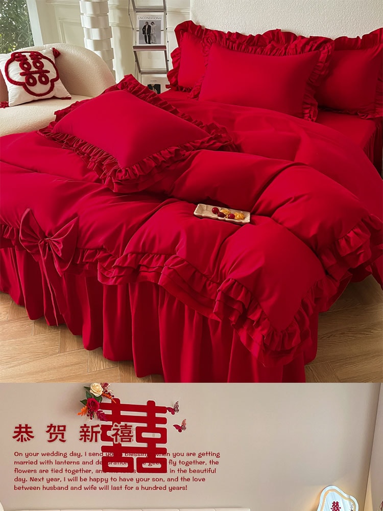 結婚祝い用の赤い寝具4点セット結婚用布団一式女性の嫁入り道具用の結婚布団一式